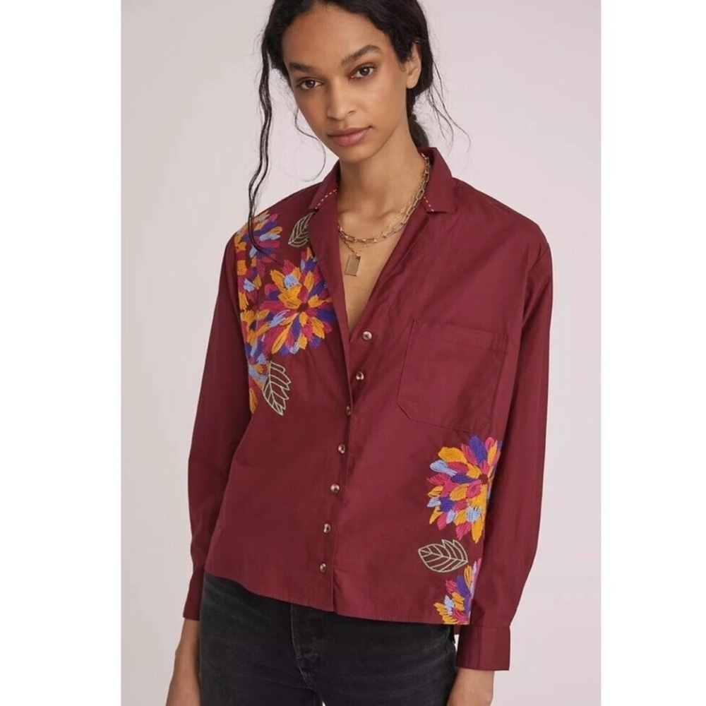 Anthropologie Maeve Burgundy Embroidered Button Down Blouse Size 2